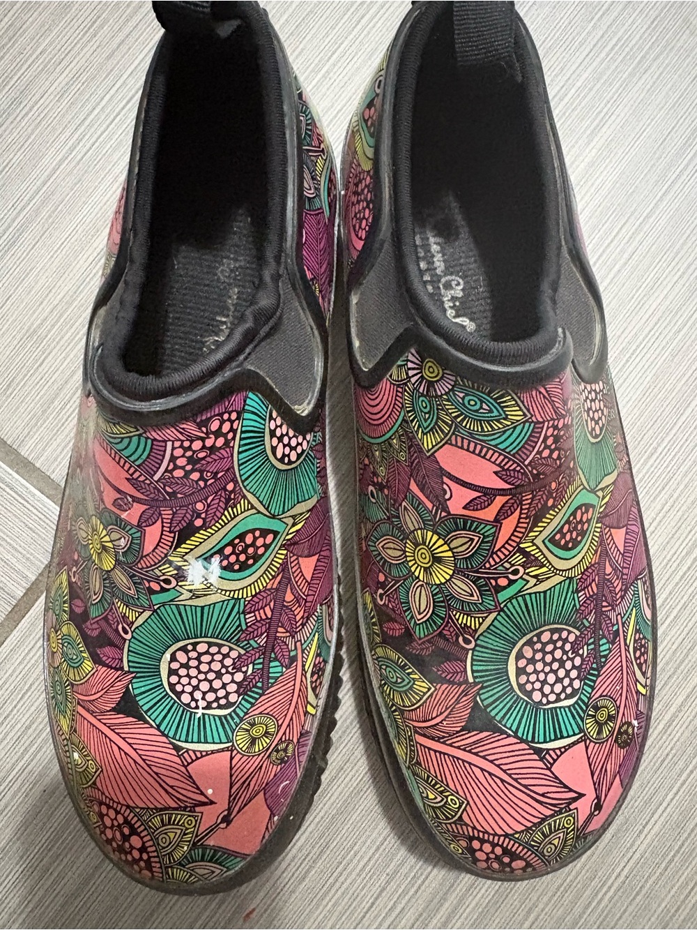 Western Chief Pink Floral Slip-On Rain Boots with Green Accents